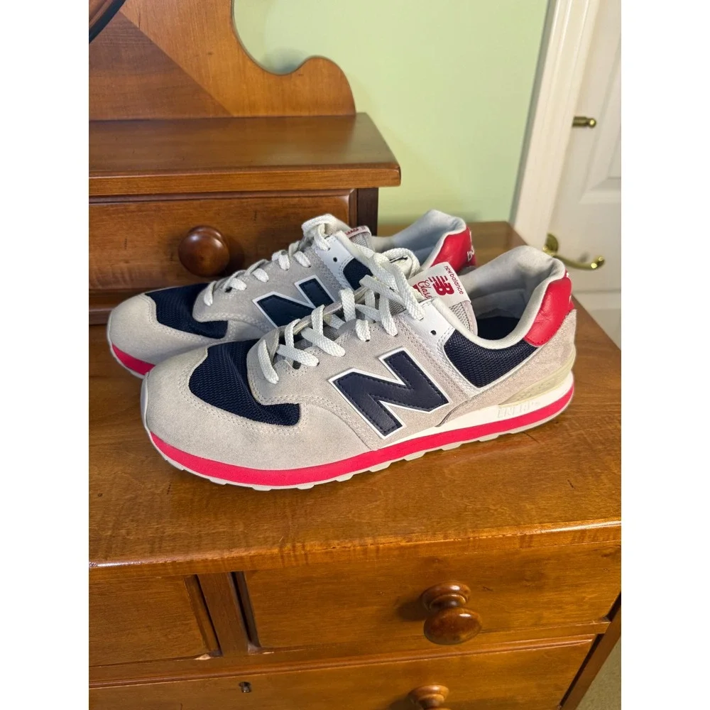 New Balance 574 Classic Mens 12  Grey Navy Red Suede Sneakers ML574 retro